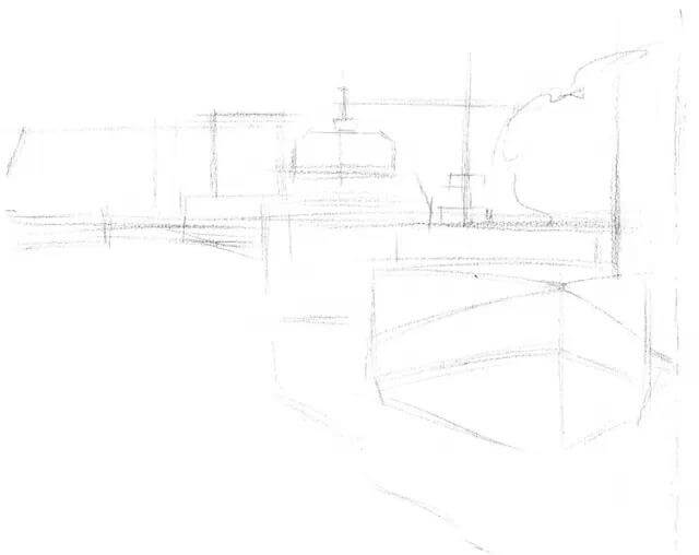素描风景停泊游艇的码头步骤1