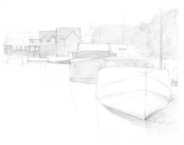 素描风景停泊游艇的码头步骤2