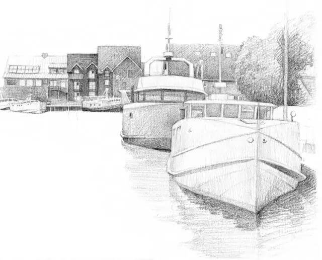 素描风景停泊游艇的码头步骤4
