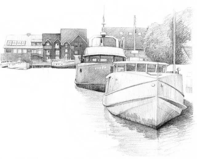 素描风景停泊游艇的码头步骤5