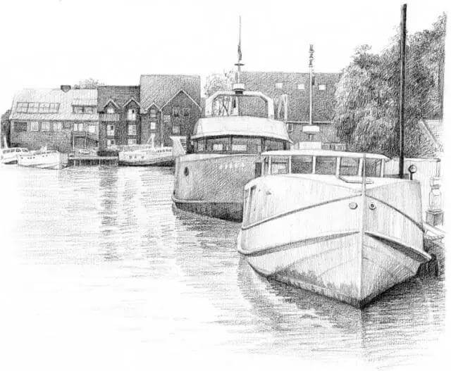 素描风景停泊游艇的码头步骤6