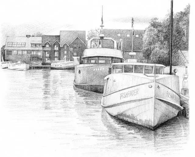 素描风景停泊游艇的码头步骤7