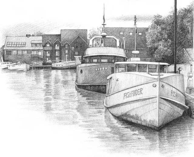 素描风景停泊游艇的码头步骤8