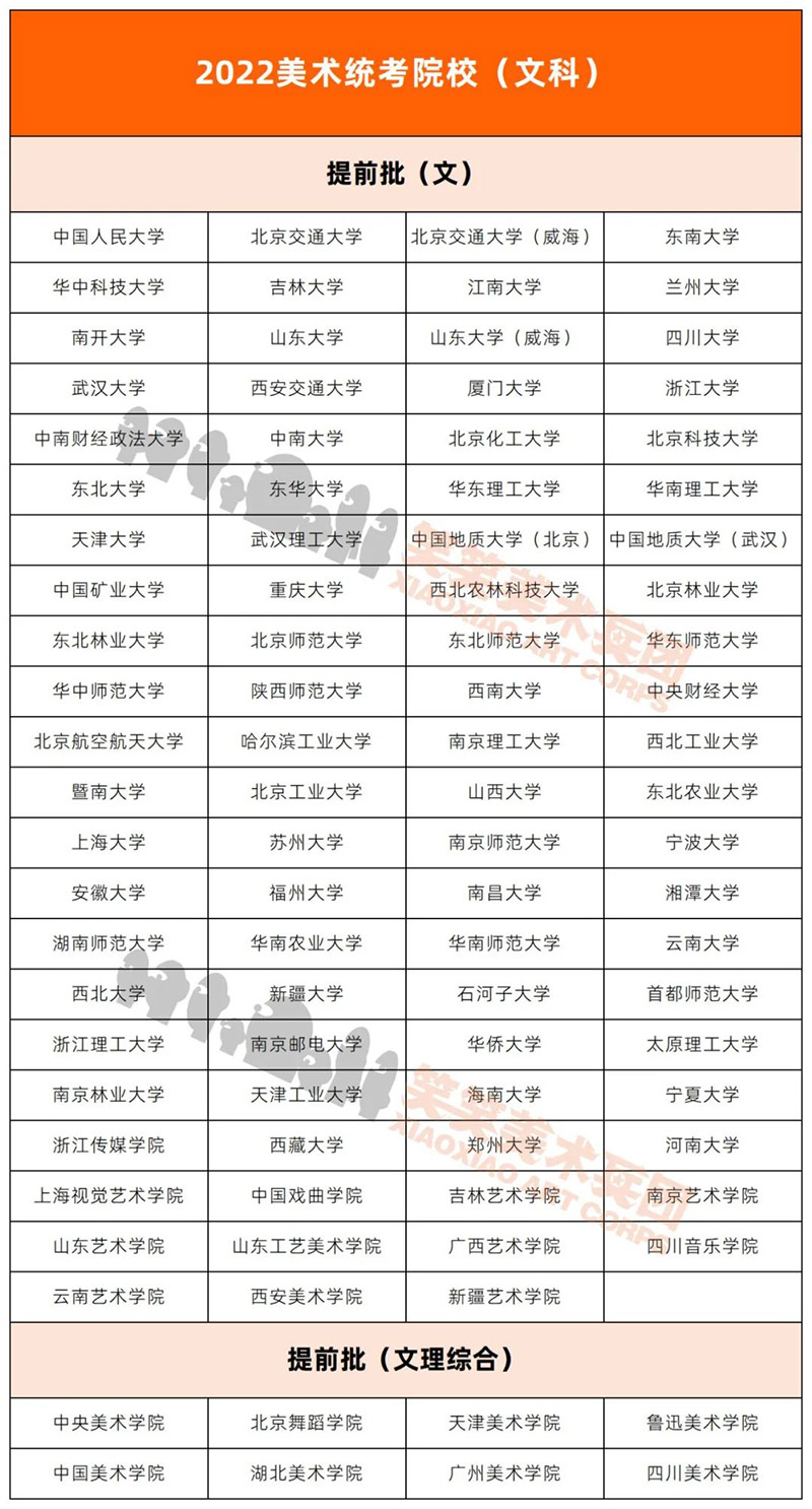 2022年美术统考录取院校-文科-提前批
